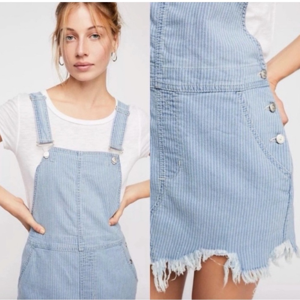 Free People Denim Stripe Fray Hem Mini Skirt Jumper Distressed Overalls- 24/ 0 - Picture 5 of 16